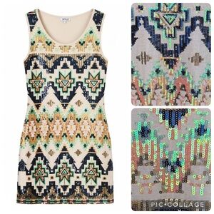 STYLE Sequin Aztec Southwest Sleeveless Bodycon Mini Dress 2 XS Boho Festival